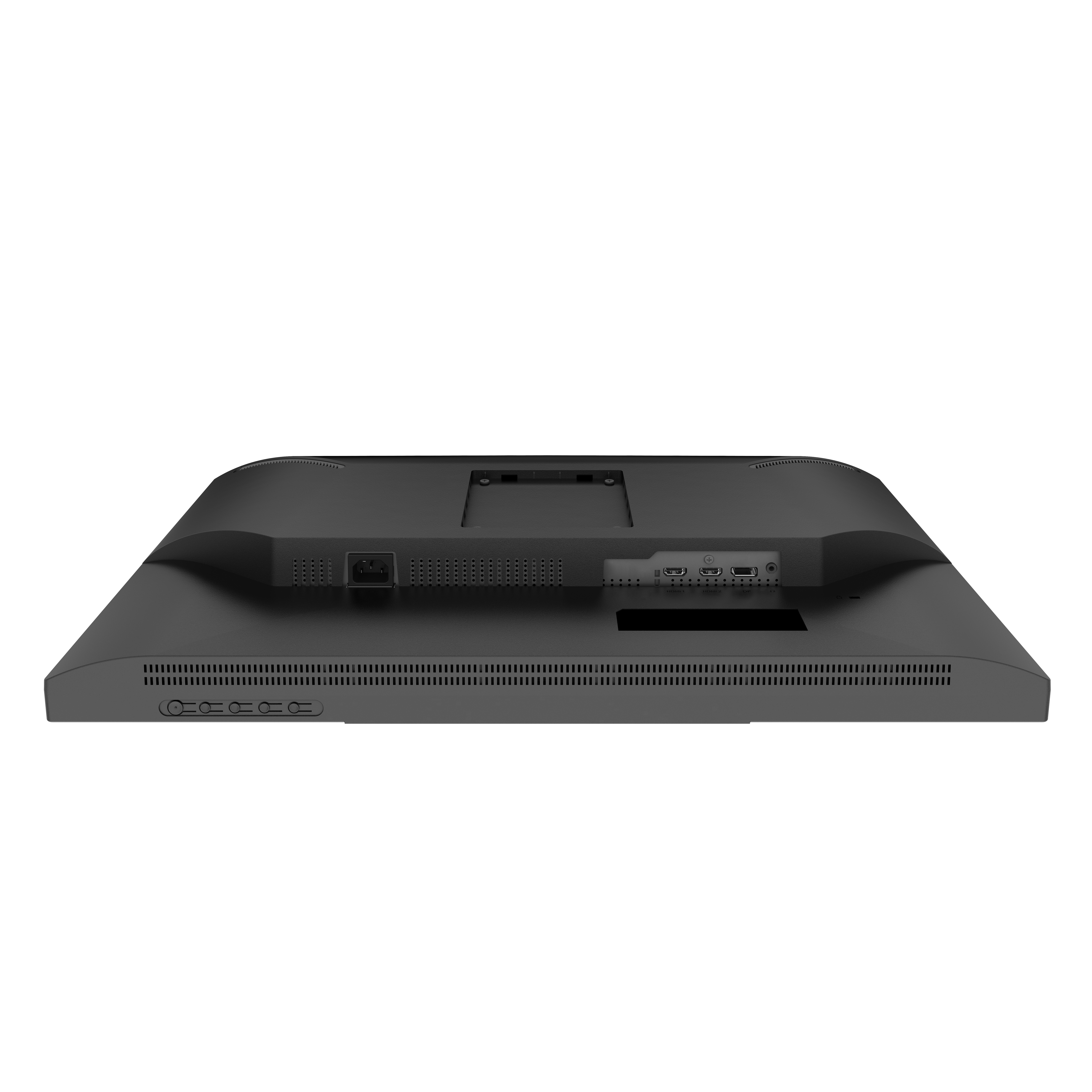 Rückseite eines schwarzen Computermonitors mit verschiedenen Anschlüssen.