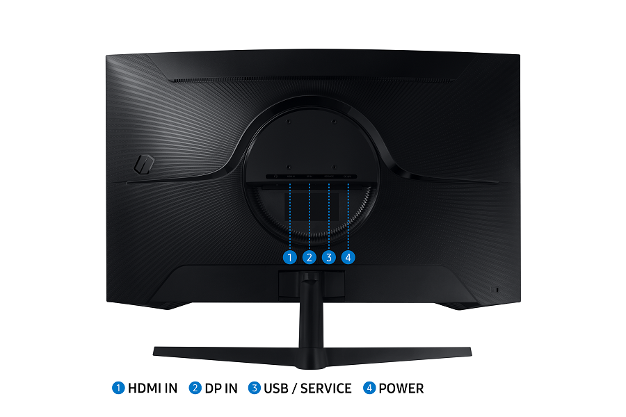 Samsung monitör arkası, HDMI, DP, USB ve Power portlu.