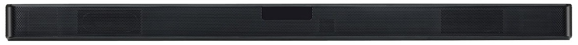Czarny soundbar. Ma długi, prostokątny kształt z perforowanym przodem.