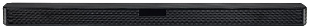 Czarny soundbar o eleganckim designie i centralnym obszarze wyświetlania.