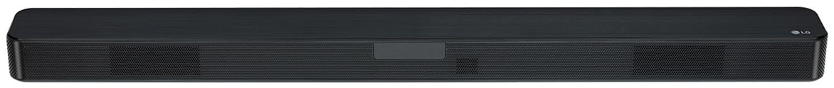Czarny soundbar o prostokątnym kształcie, kratki głośników i logo LG.