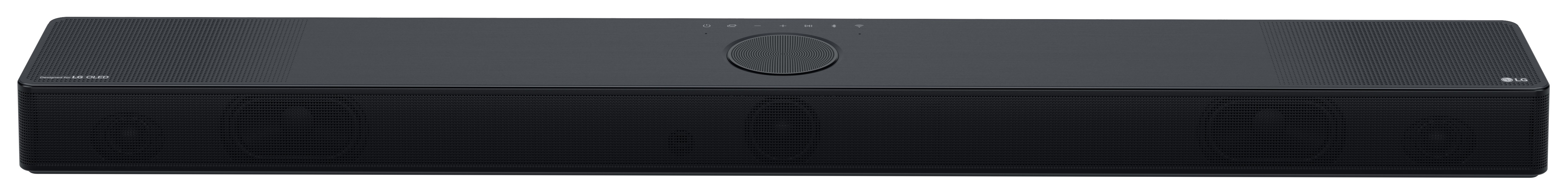 Czarny soundbar LG. Prostokątny kształt, z szeregiem przycisków sterujących pośrodku.