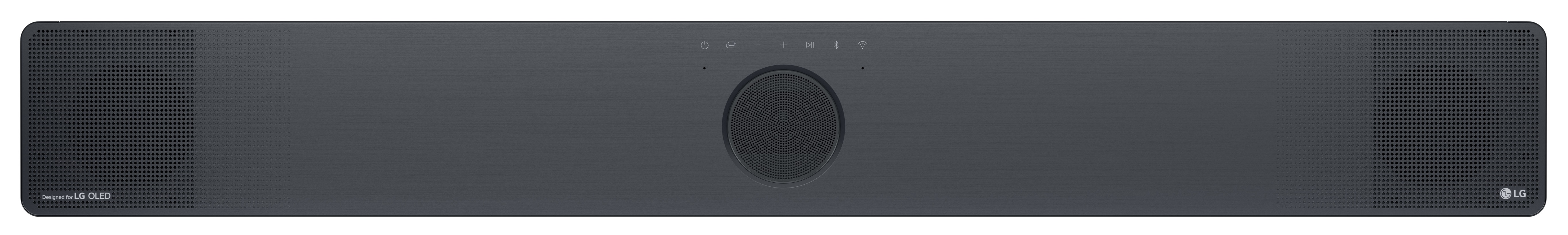 Długi, ciemnoszary soundbar z okrągłym głośnikiem i przyciskami sterowania.