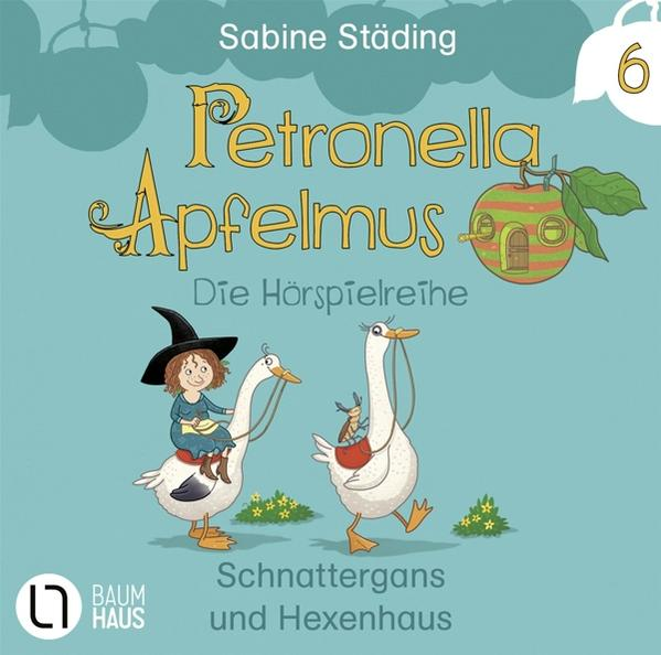Buchcover mit Illustration eines Mädchens auf einer Gans. Titel auf Deutsch: Petronella Apfelmus.
