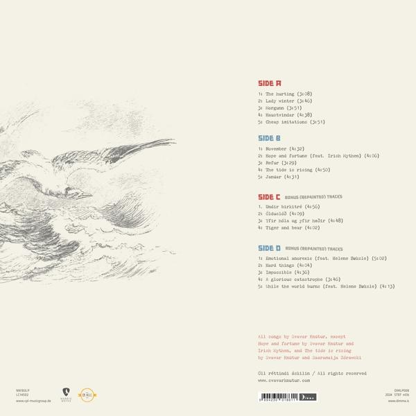 Ein Vogel fliegt über Wellen, Trackliste im Hintergrund.