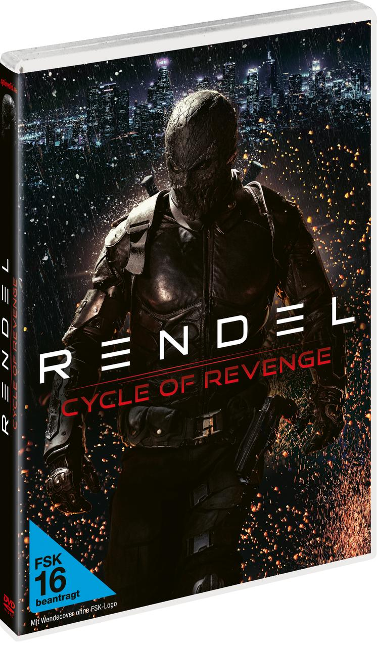DVD-Cover von 'Rendel: Cycle of Revenge'. Eine maskierte Figur steht im Regen vor einer Stadt. Text enthält Titel und FSK 16.