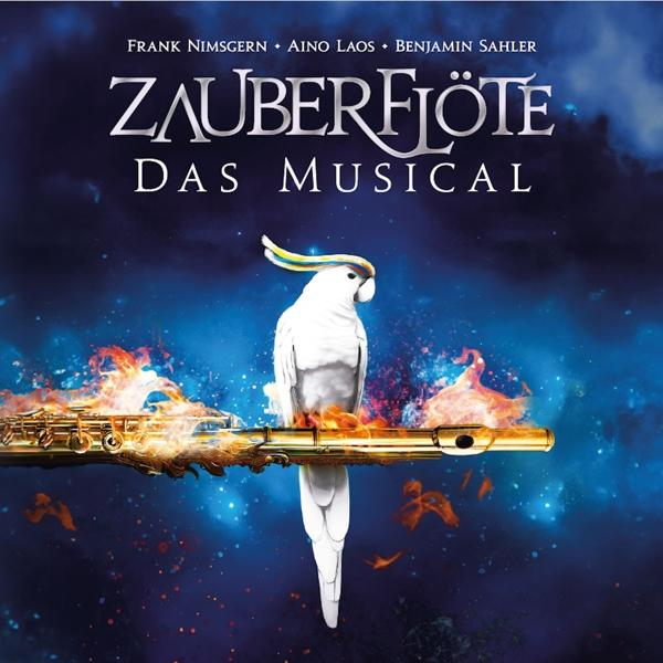 Albumcover für Zauberflöte Das Musical. Ein weißer Kakadu sitzt auf einer goldenen Flöte.