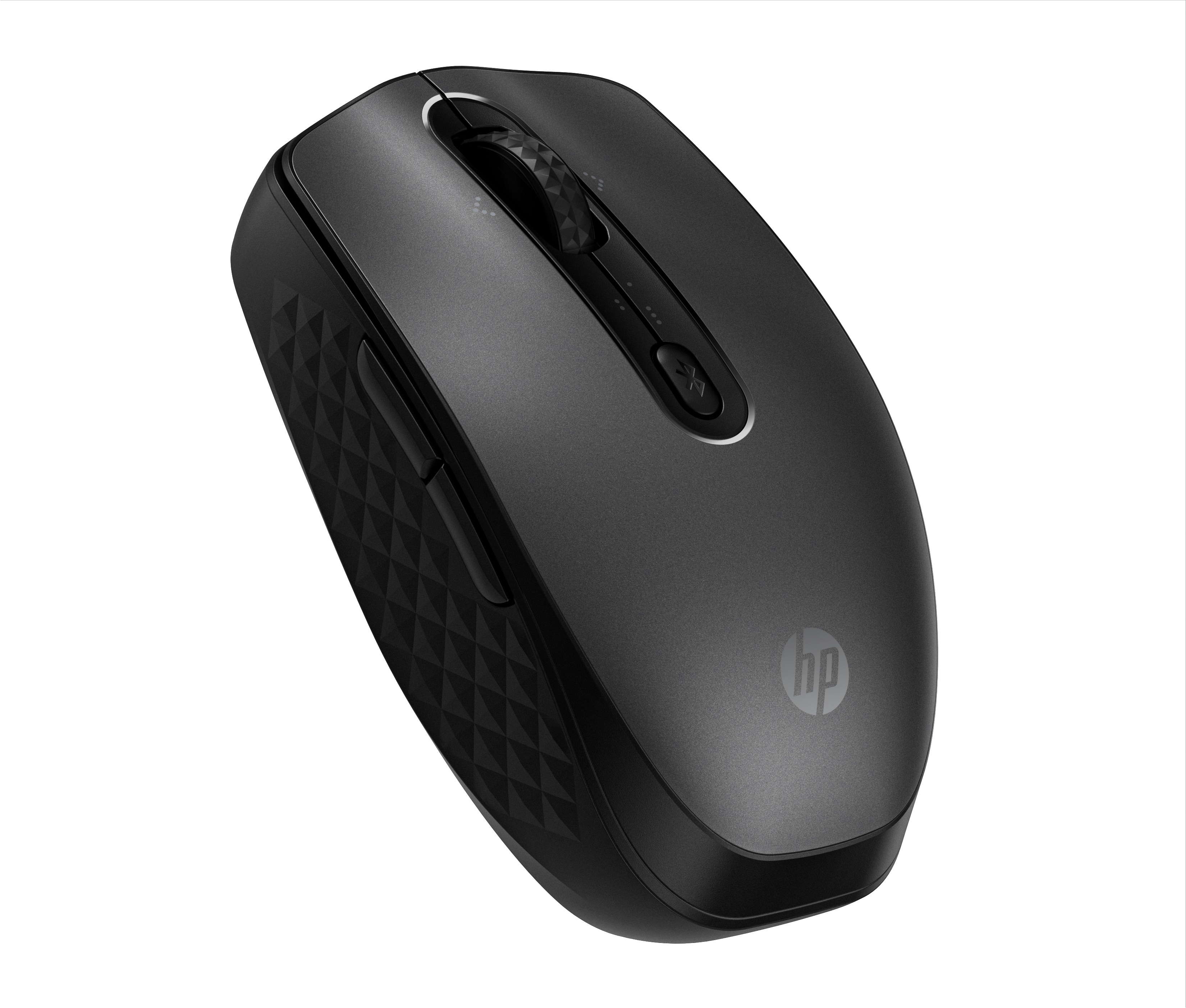 Souris sans fil noire, vue de dessus, avec molette et boutons.