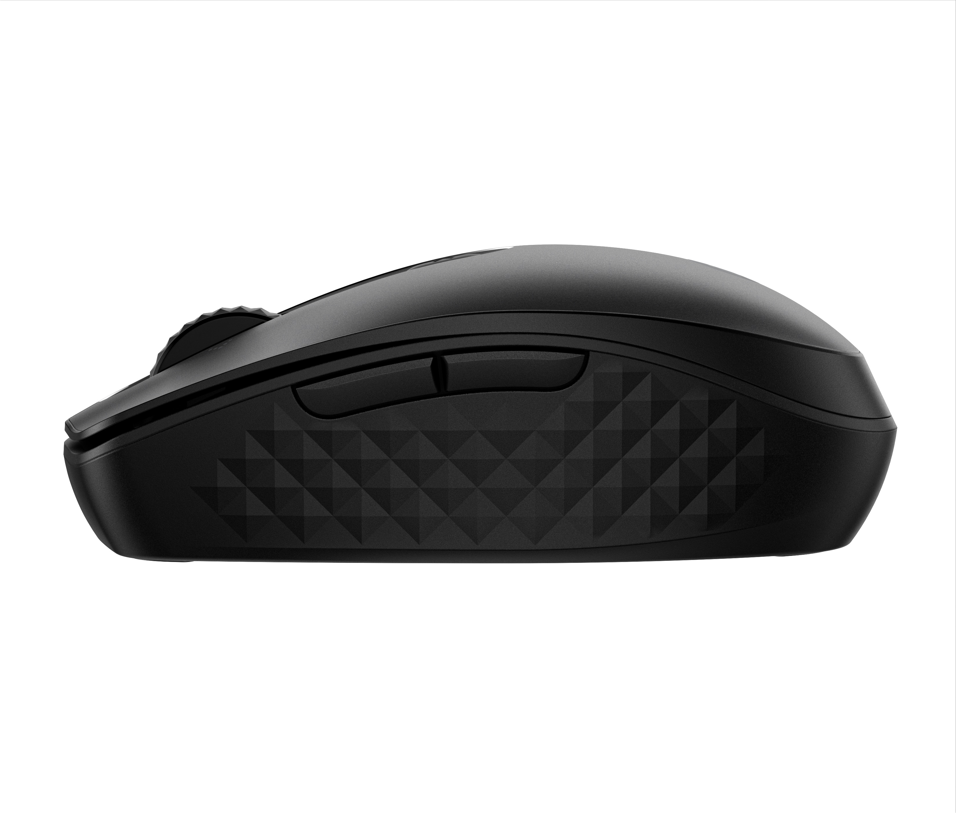 Une souris d'ordinateur noire. La souris a une texture en forme de losange.