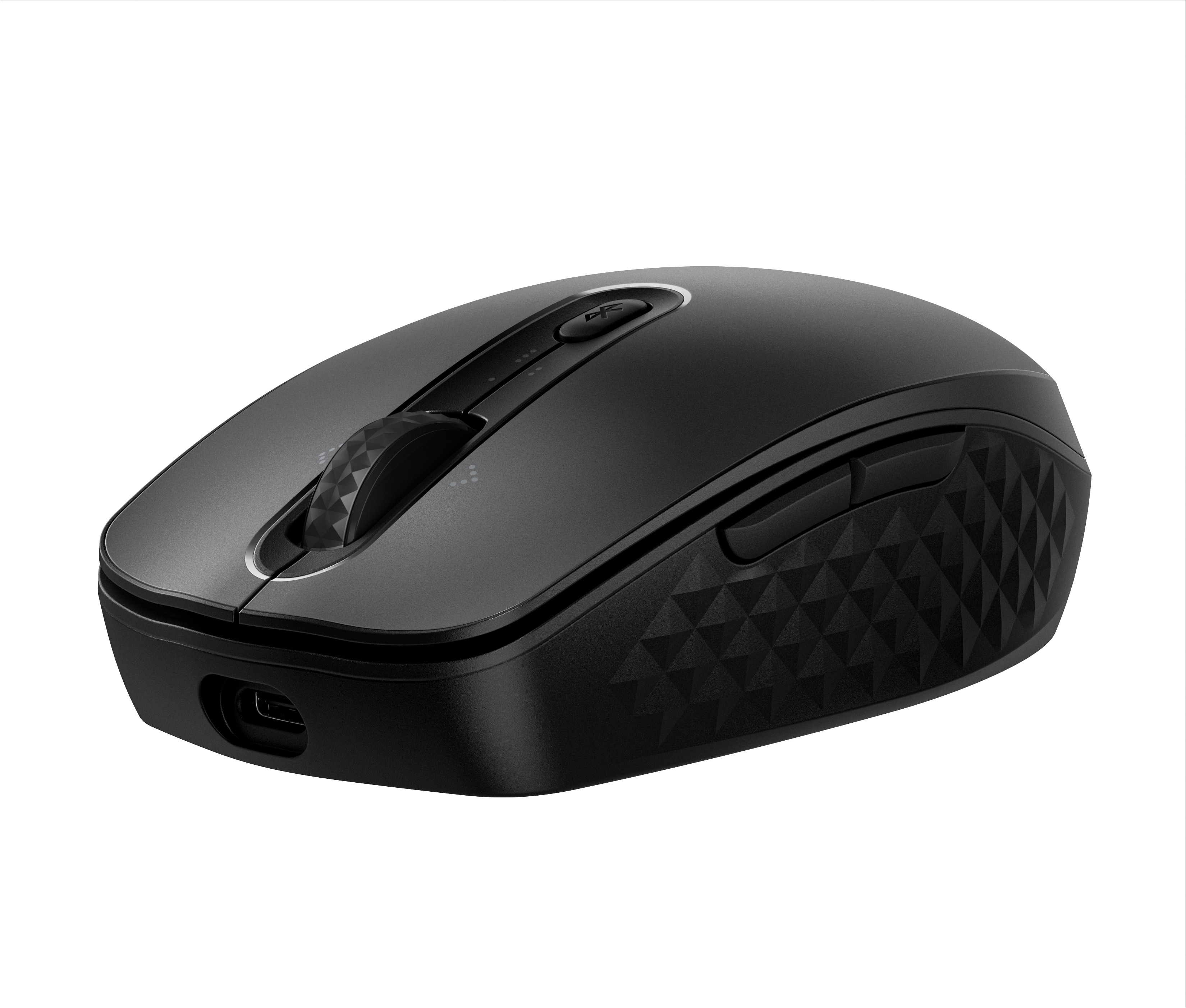 Souris d'ordinateur noire, en angle, avec un côté texturé et une molette, sur fond blanc.