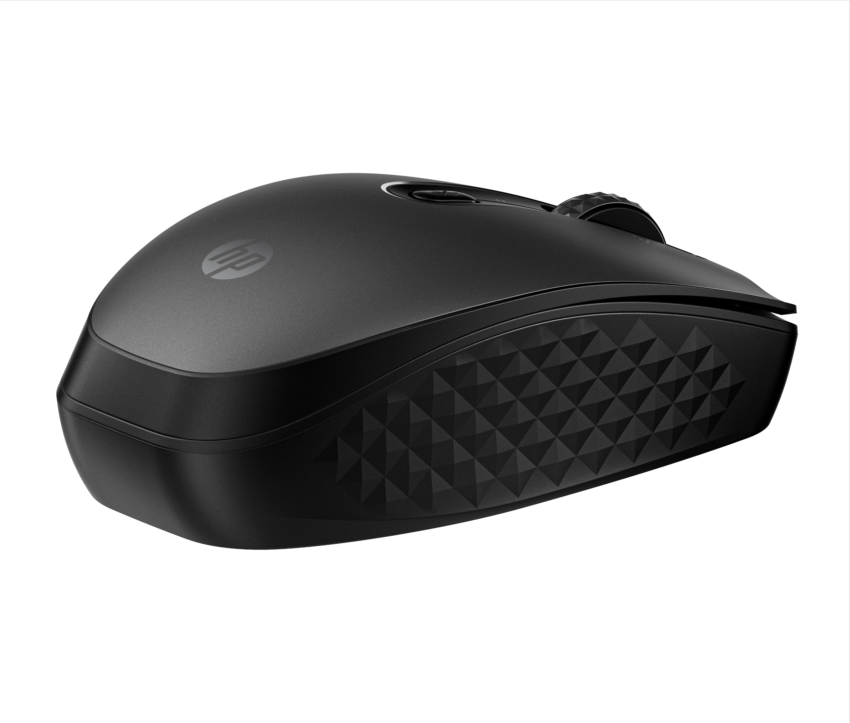 Souris sans fil HP noire avec une prise texturée. La souris est sur fond blanc.