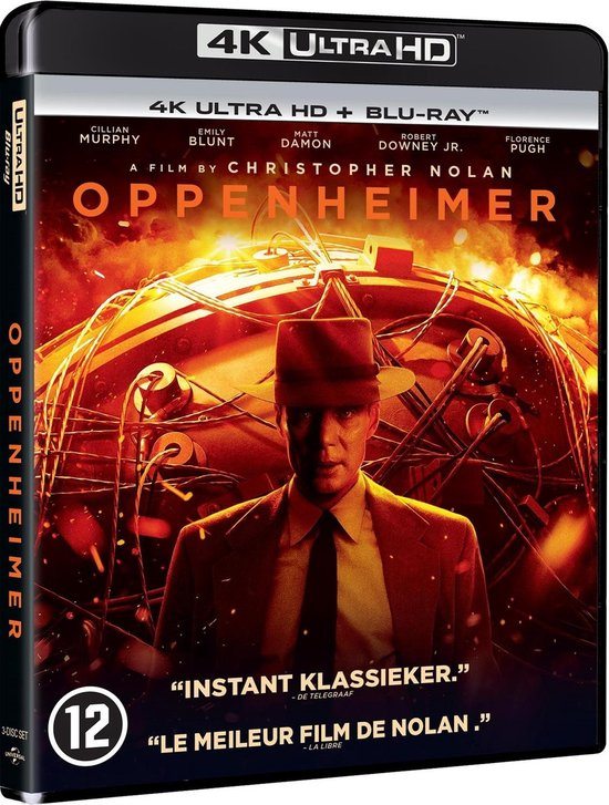 DVD case of 'Oppenheimer' movie. Features Cillian Murphy. Red, orange, and black design. Rated 12.