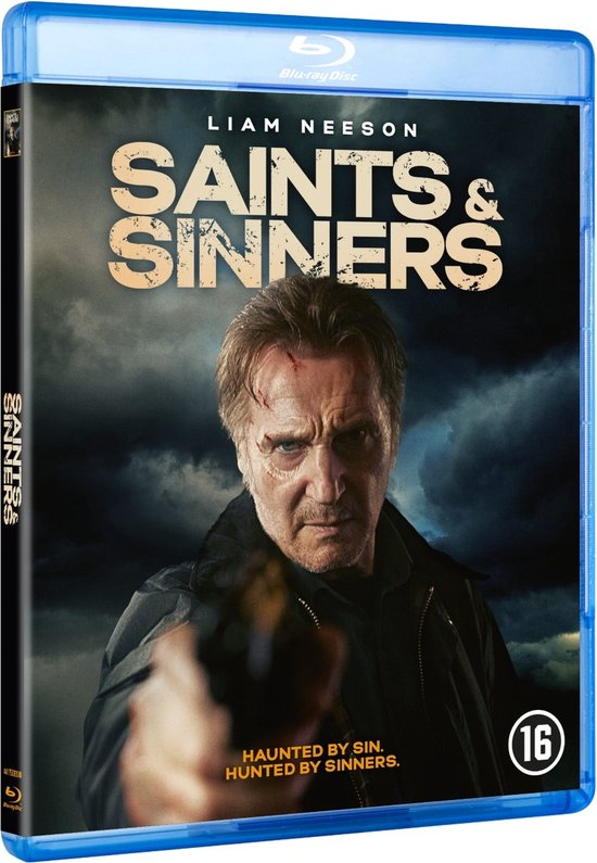 Couverture Blu-ray : Liam Neeson dans Saints & Sinners. Il tient une arme. Fond sombre avec texte. Note 16.
