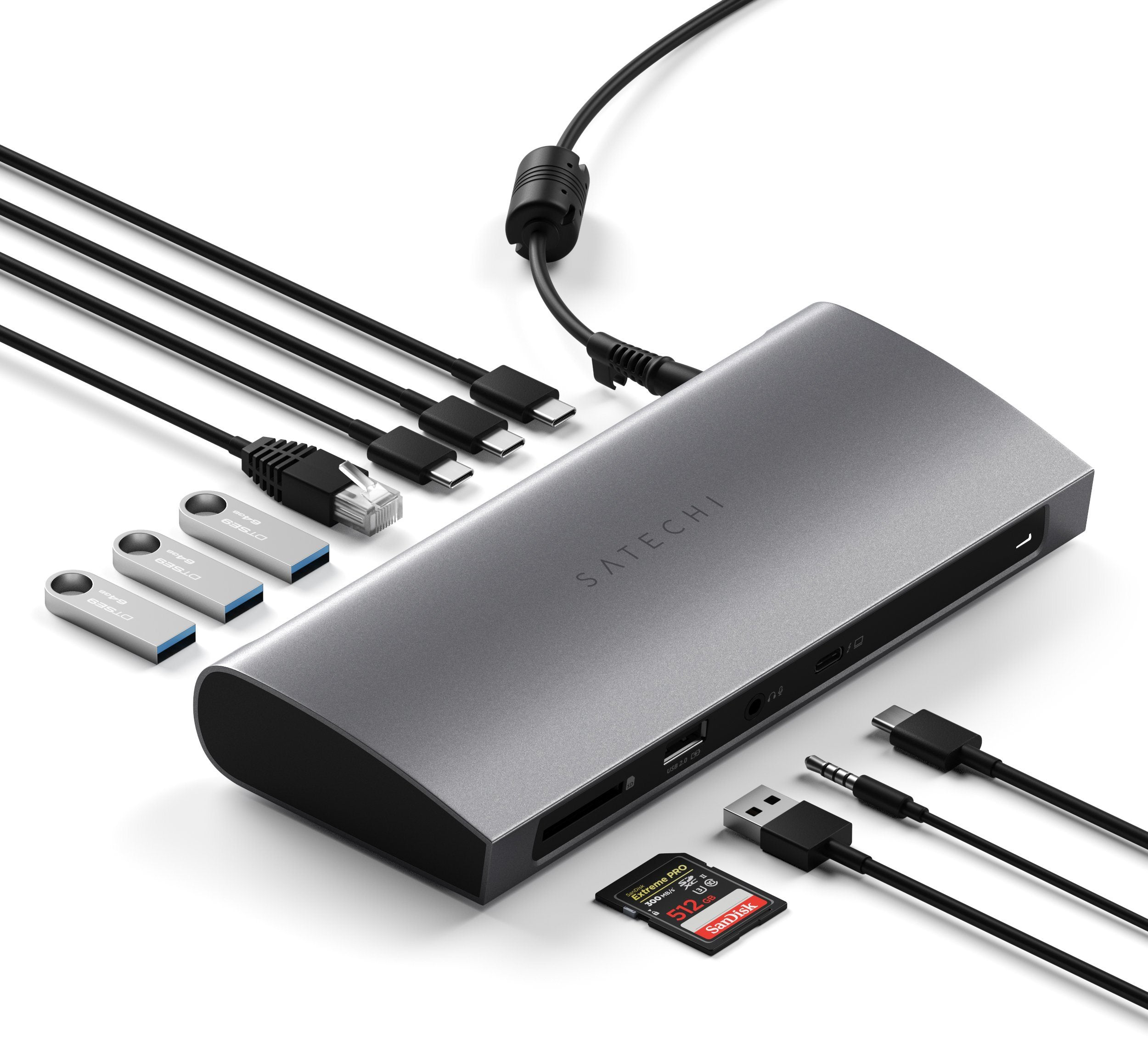 Egy ezüst Satechi dokkolóállomás USB és egyéb kábelcsatlakozókkal.
