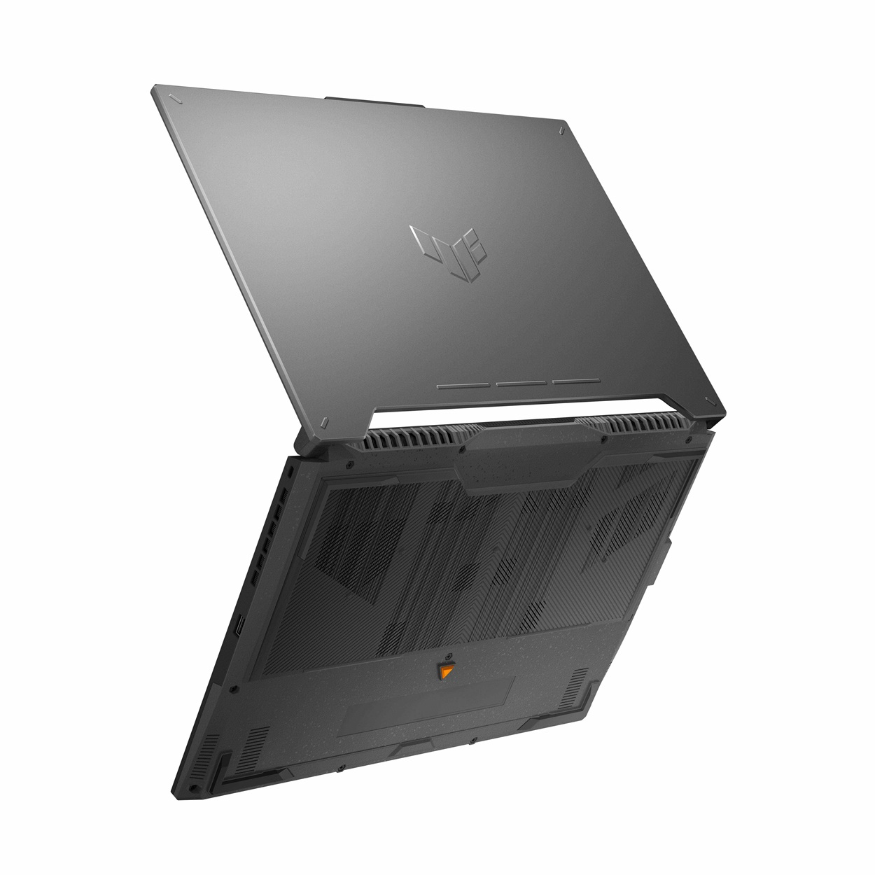 Gri laptop, açık ve eğik. Üst kısımda ASUS logosu. Alt kısımda havalandırma ızgaraları.