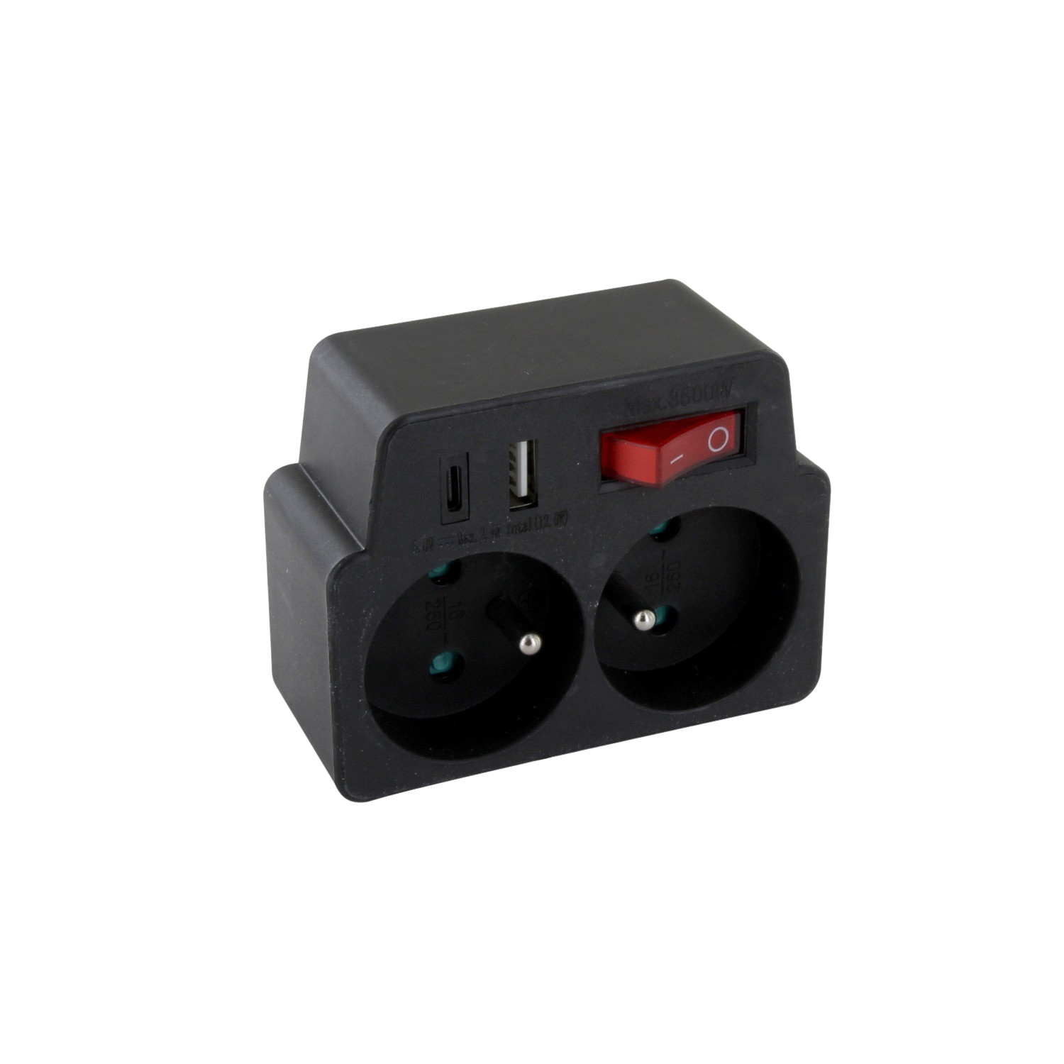 Adaptateur secteur noir avec deux prises, un port USB et un interrupteur marche/arrêt rouge.