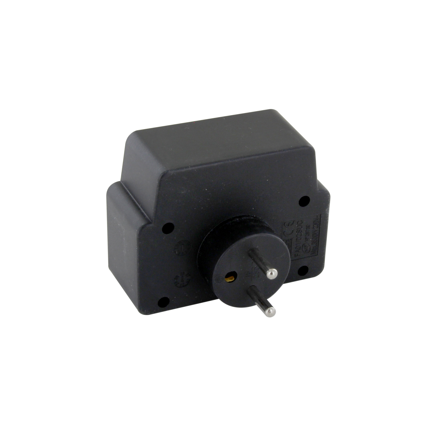 Adaptateur de prise électrique noir avec deux broches. Corps carré.