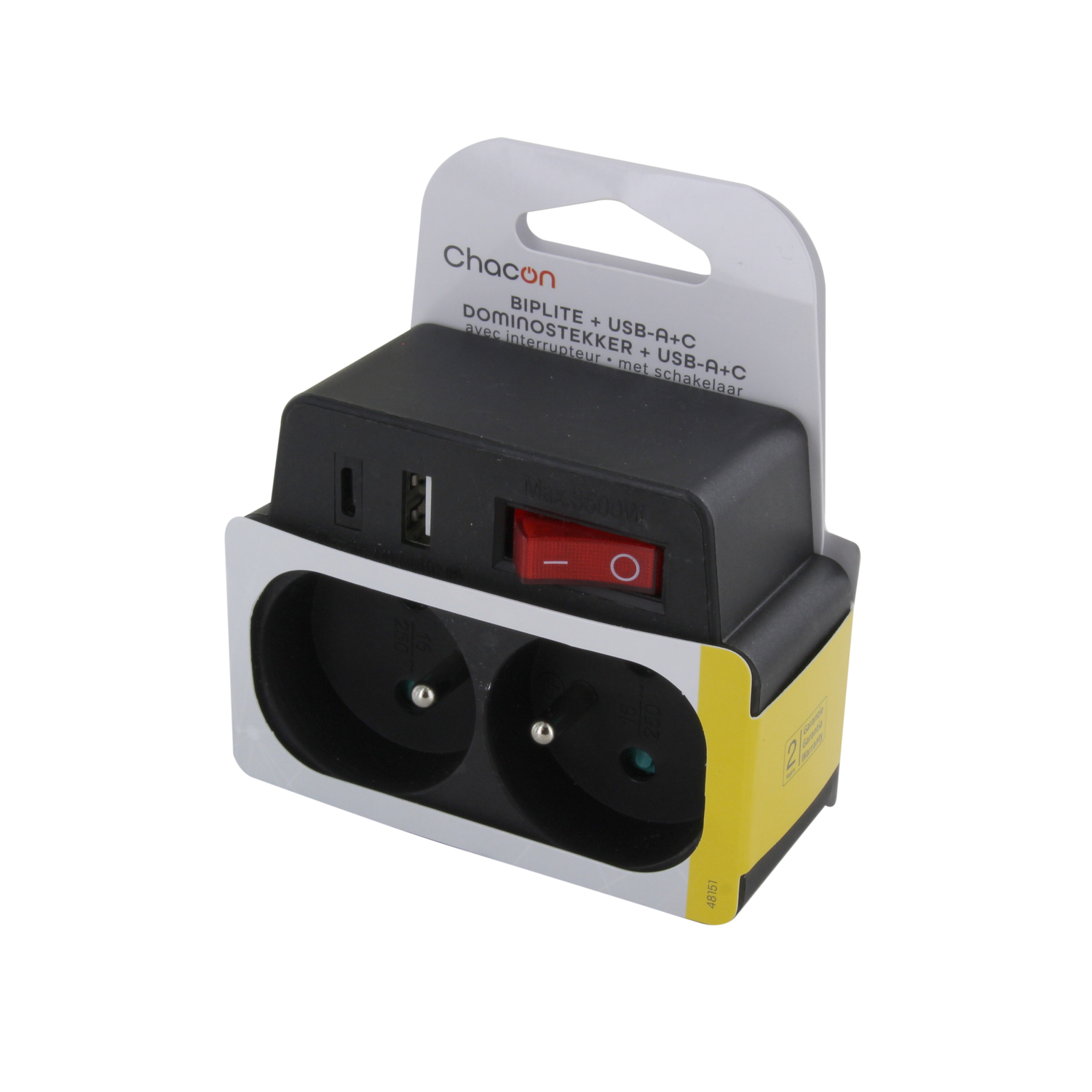 Adaptateur secteur noir et blanc avec ports USB, interrupteur rouge et emballage.