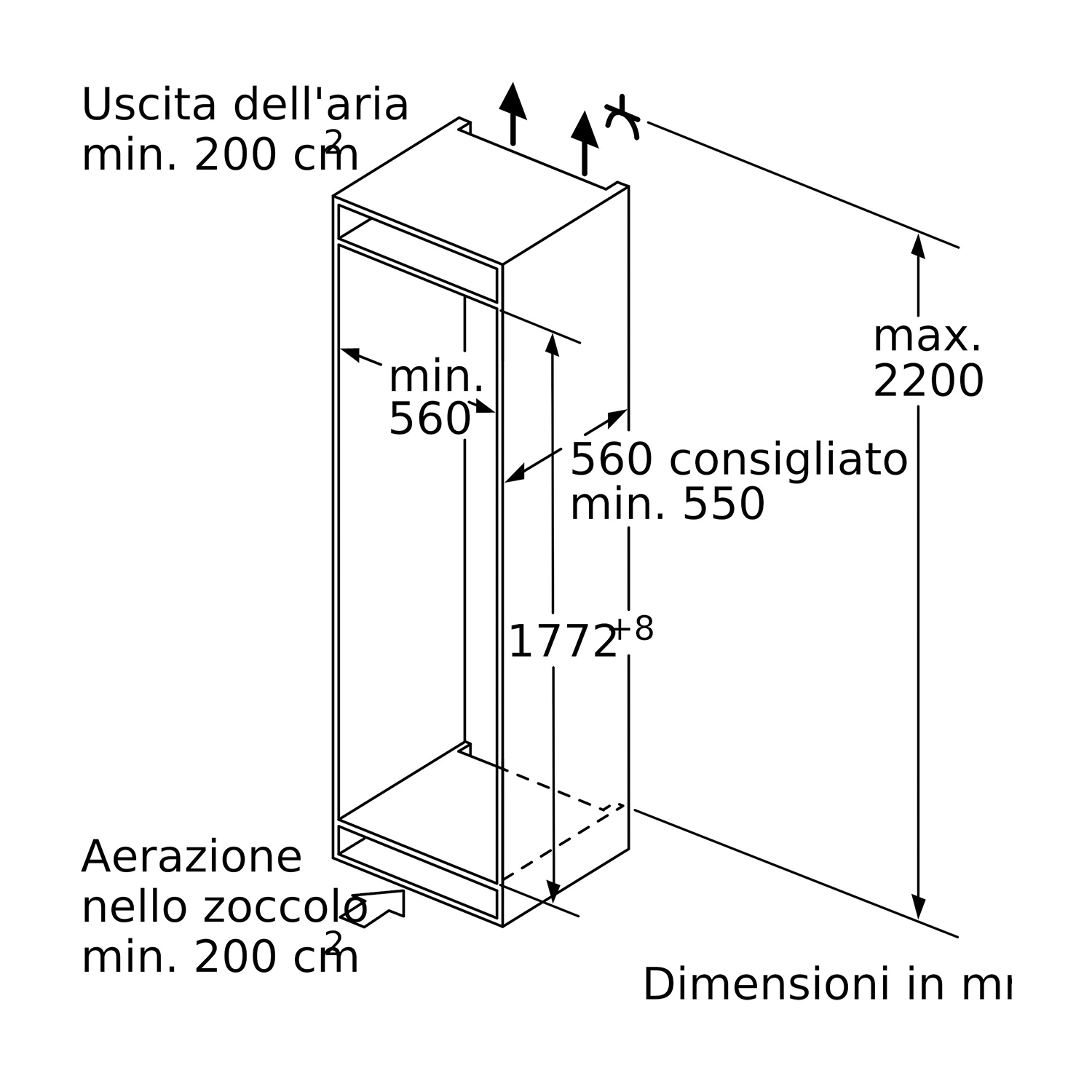 Un diagramma di un armadio alto con dimensioni. Ha aperture per la ventilazione in basso e in alto.
