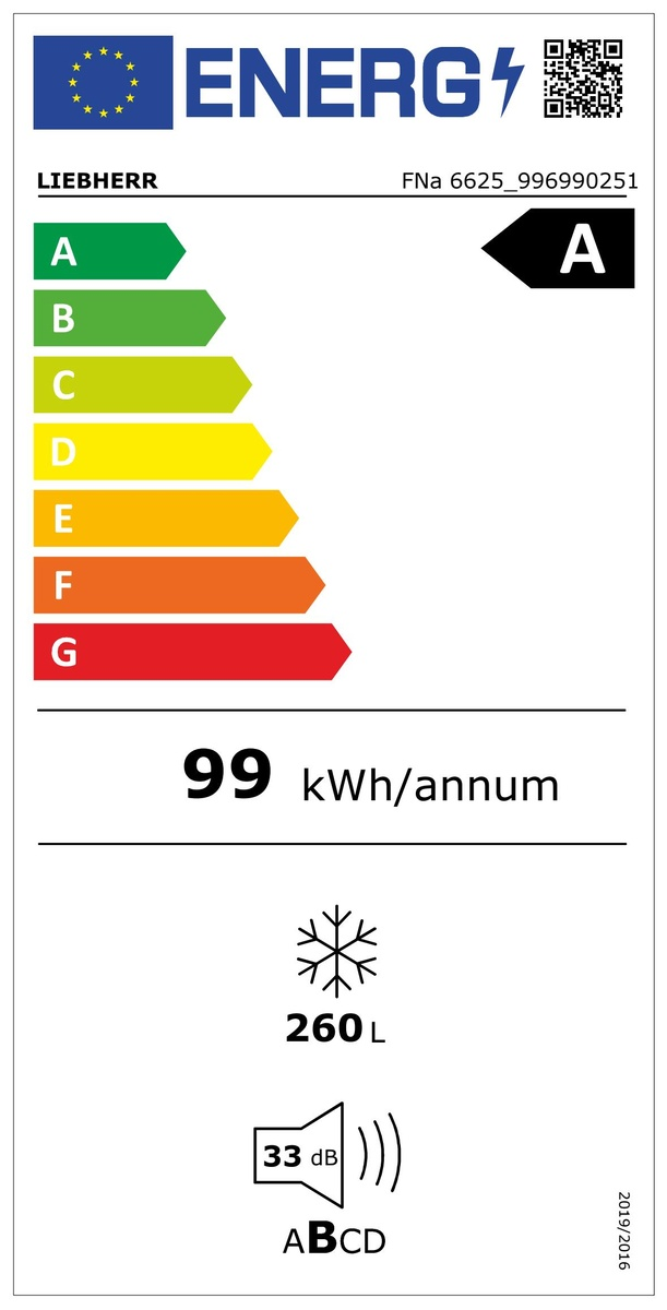 Energia címke egy Liebherr hűtőszekrényhez, energiahatékonysági információkat jelenítve meg.