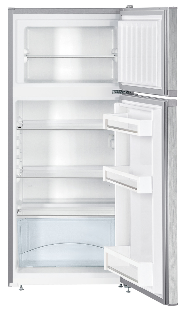 Kühlschrank mit geöffneter Tür, zeigt das Innere. Weiße Regale und Schubladen. Edelstahl.