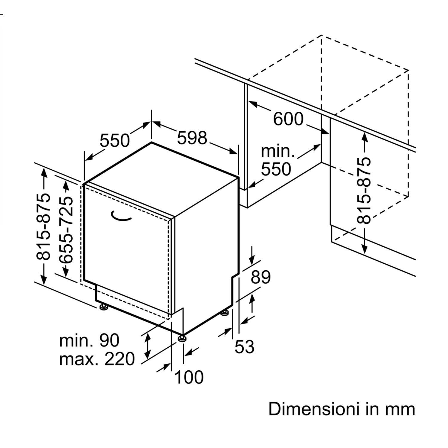 Un diagramma di una lavastoviglie con dimensioni espresse in millimetri, che mostra lo spazio di installazione.