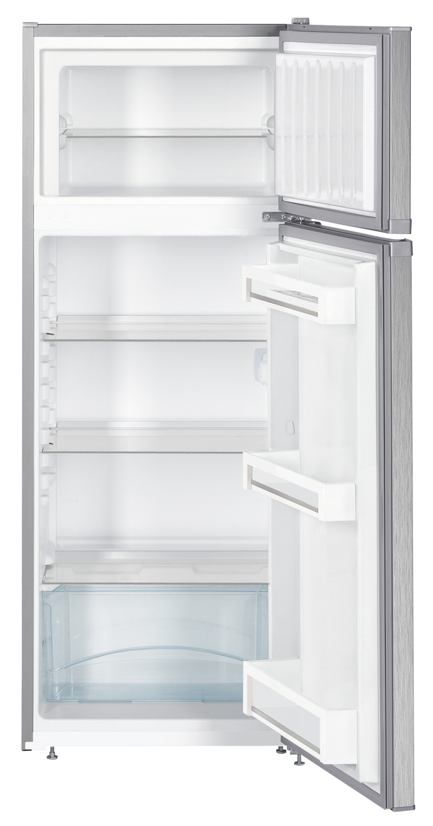 Ein geöffneter weißer Kühlschrank mit Regalen und Schubladen, mit Edelstahl-Finish an der Seite.