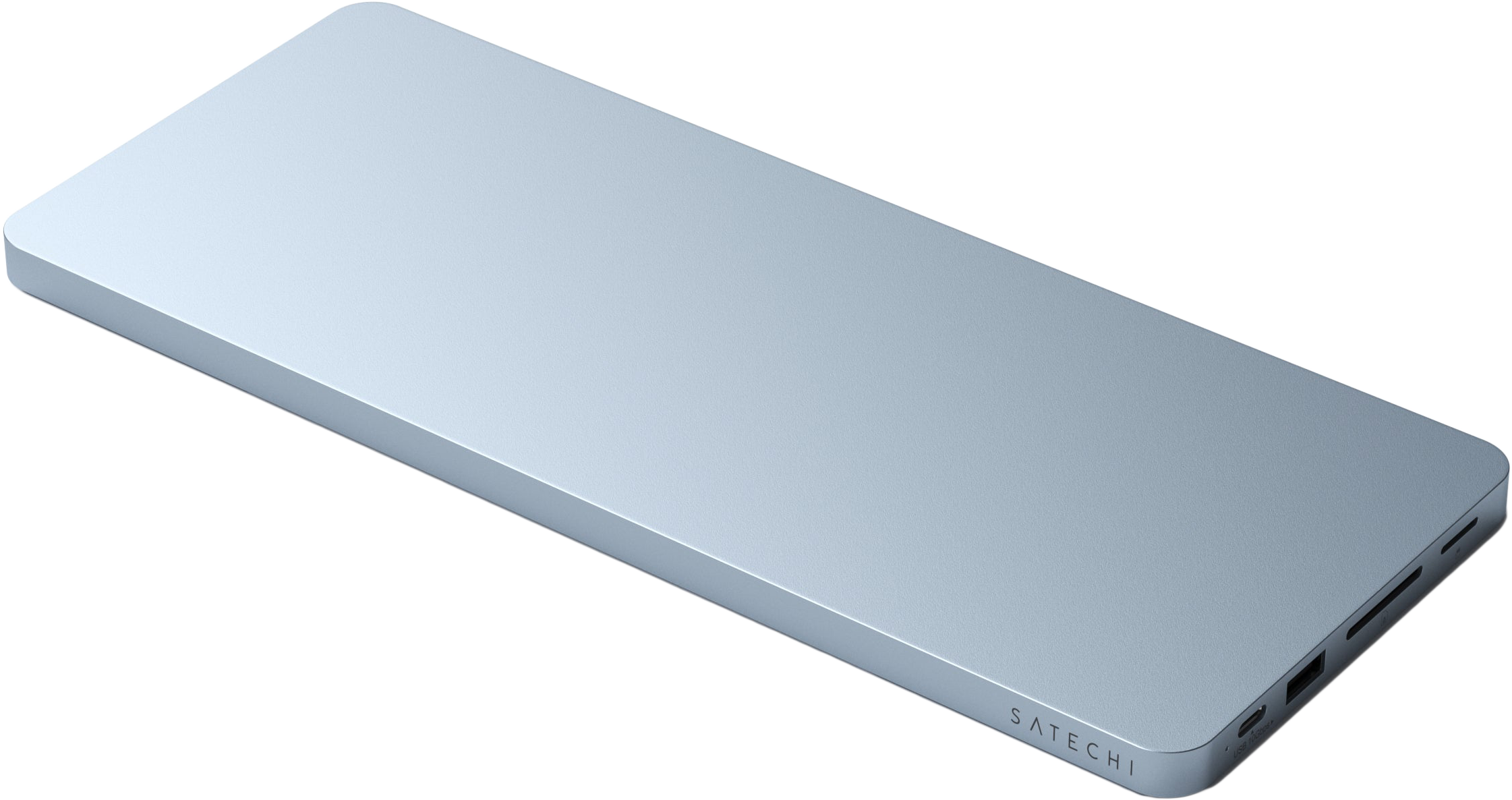 Karcsú, szürke-ezüst Satechi USB-C hub, téglalap alakú, sötét háttéren fekszik, látható csatlakozókkal.