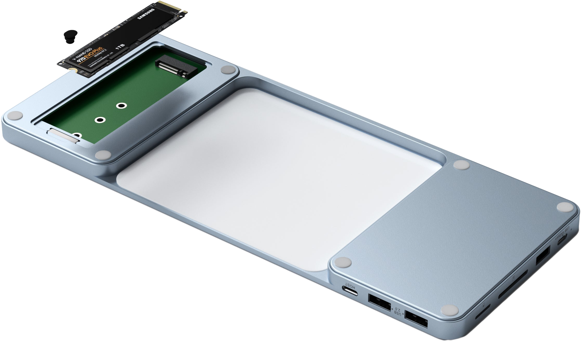 Ezüst-szürke hub beépített M.2 SSD-vel, a belső alkatrészeket és portokat mutatja sötét háttér előtt.