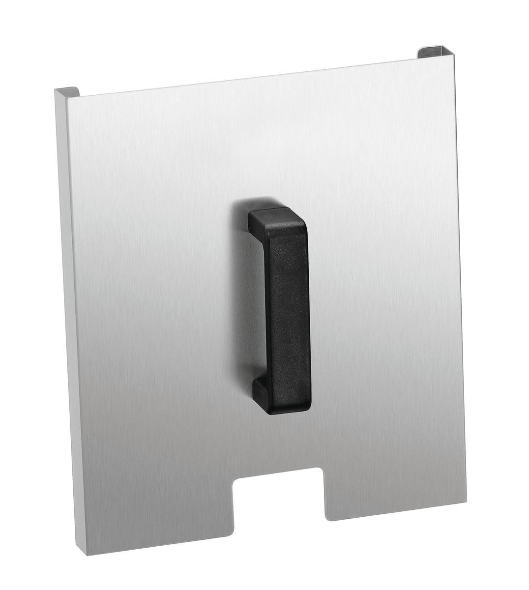 Silberne Metallplatte mit schwarzem Griff und Ausschnitt unten.