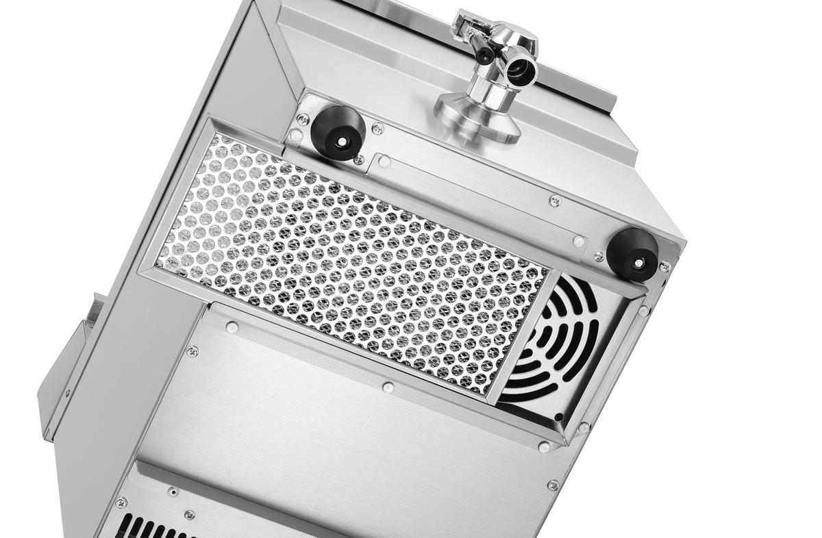 Edelstahlgehäuse mit Lüftungsgitter, Ventilator und Zapfhahn.