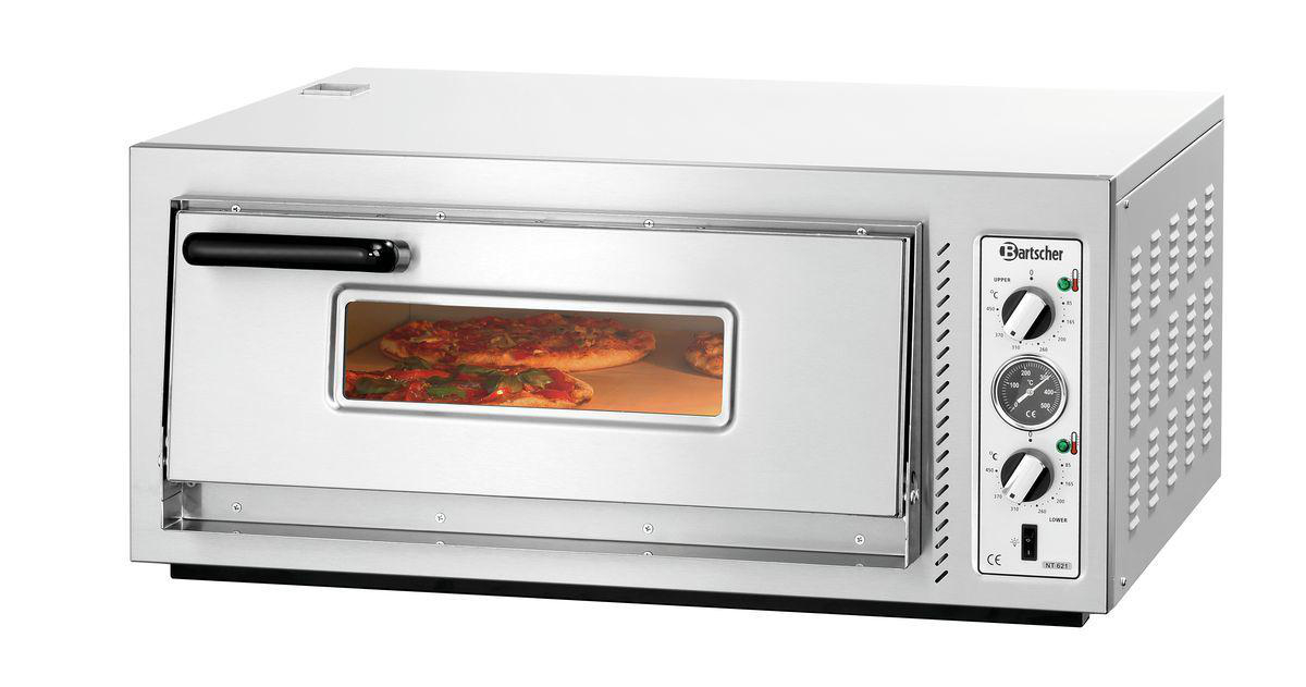 Ein Pizzaofen aus Edelstahl mit Glasfenster, das Pizzen zeigt. Er hat Bedienknöpfe und ein 'Bartscher'-Logo.