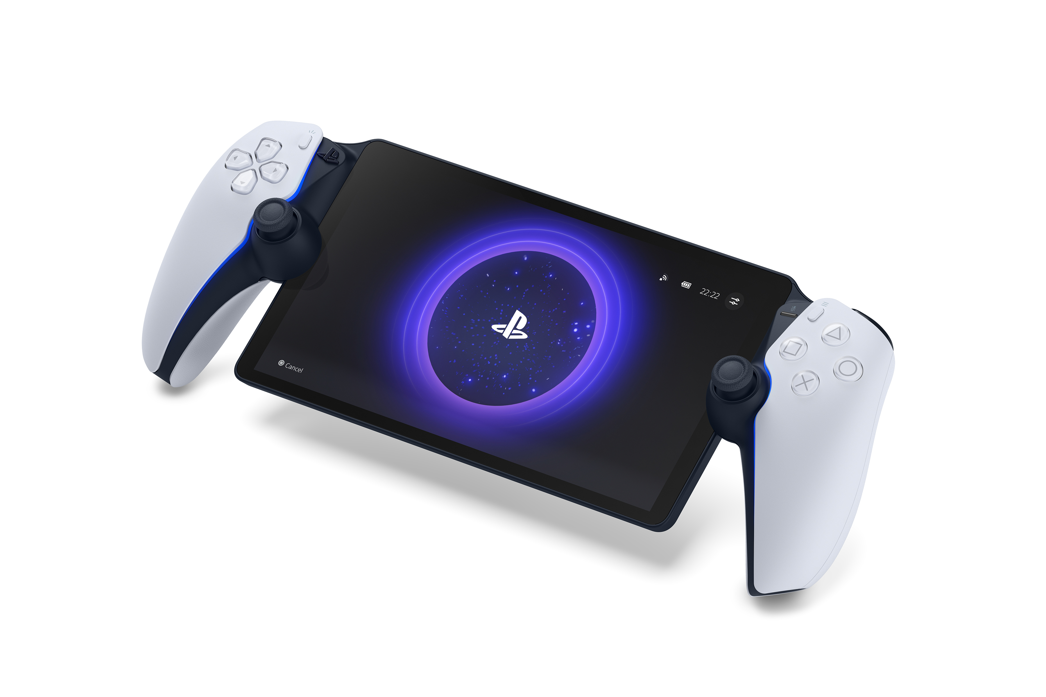 Ortasında oyun ekranı olan beyaz ve siyah bir PlayStation Portal.