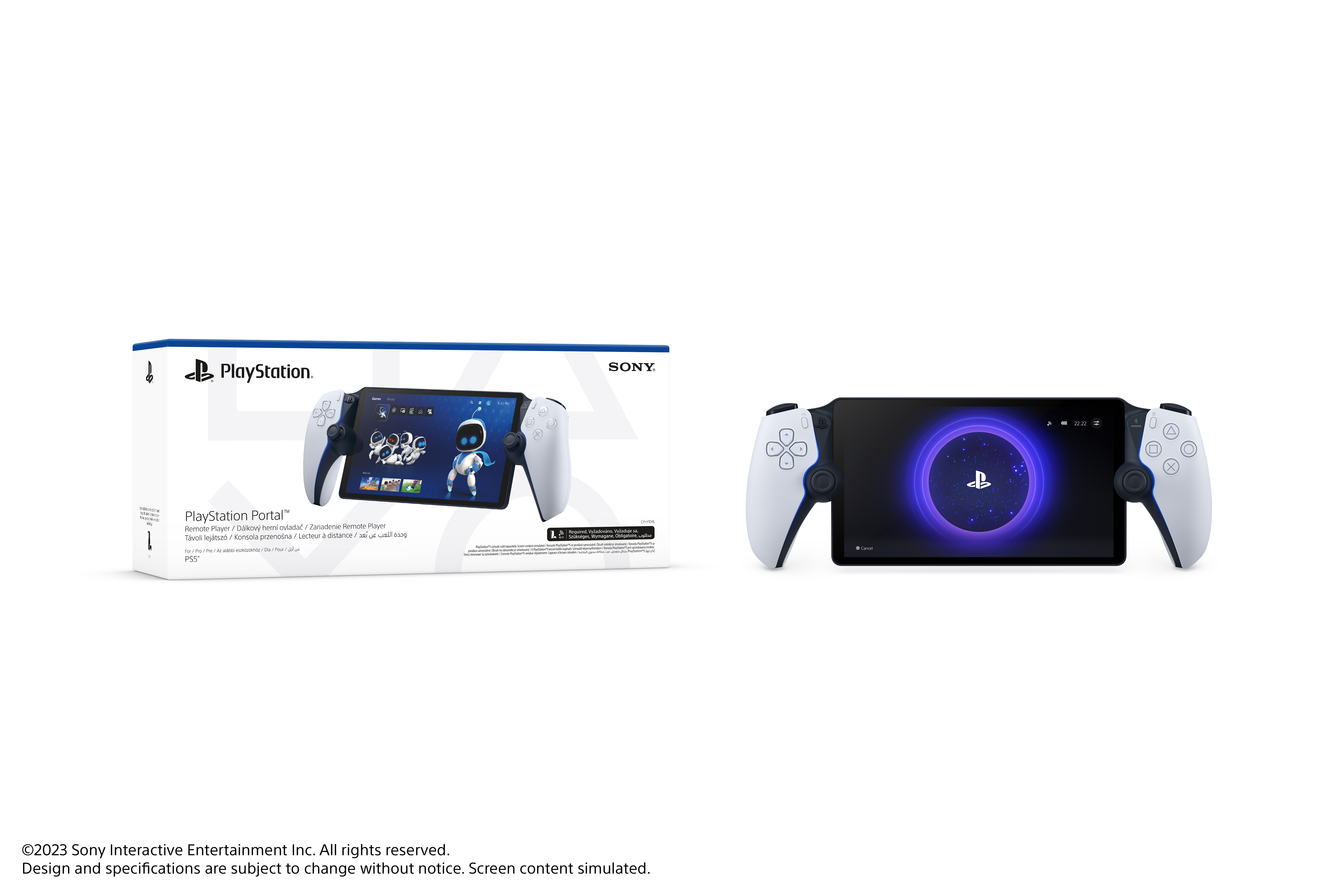 Sol tarafta bir kutu ile PlayStation Portal. Cihaz beyaz ve siyah ekrana sahip.