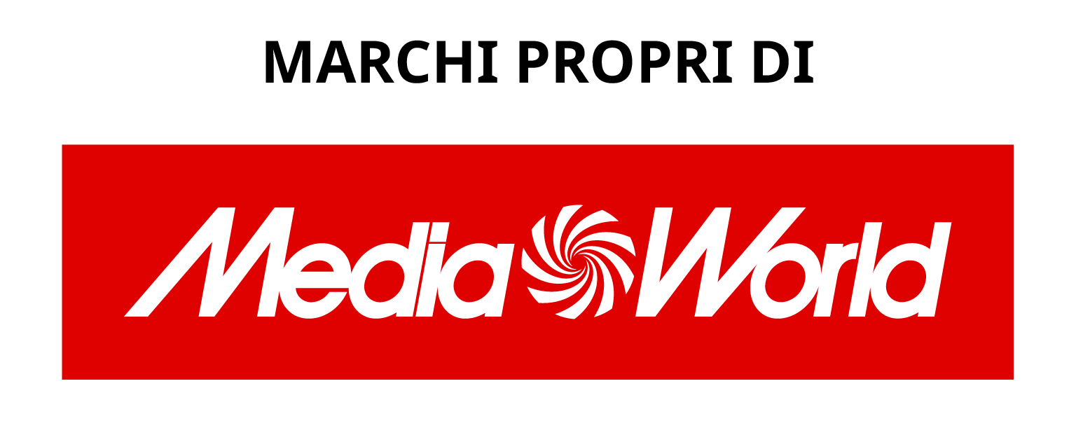 Logo Media World. Testo bianco su sfondo rosso, con una grafica a vortice stilizzata.