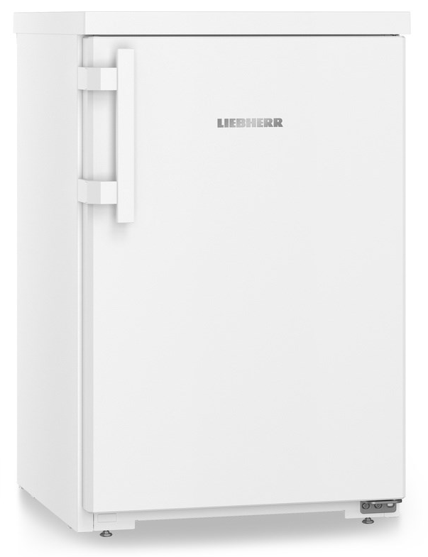 Fehér Liebherr hűtőszekrény, zárt ajtó fogantyúval, logó az ajtón.
