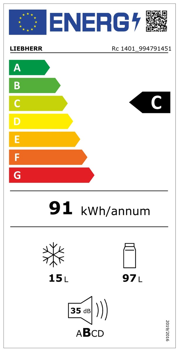 Energia címke Liebherr hűtőszekrényhez, C energiahatékonysági osztállyal és kulcsfontosságú adatokkal.