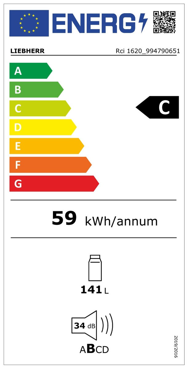 Energia címke 'C' besorolással, 59 kWh/év és 141 L kapacitással hűtőszekrényhez.