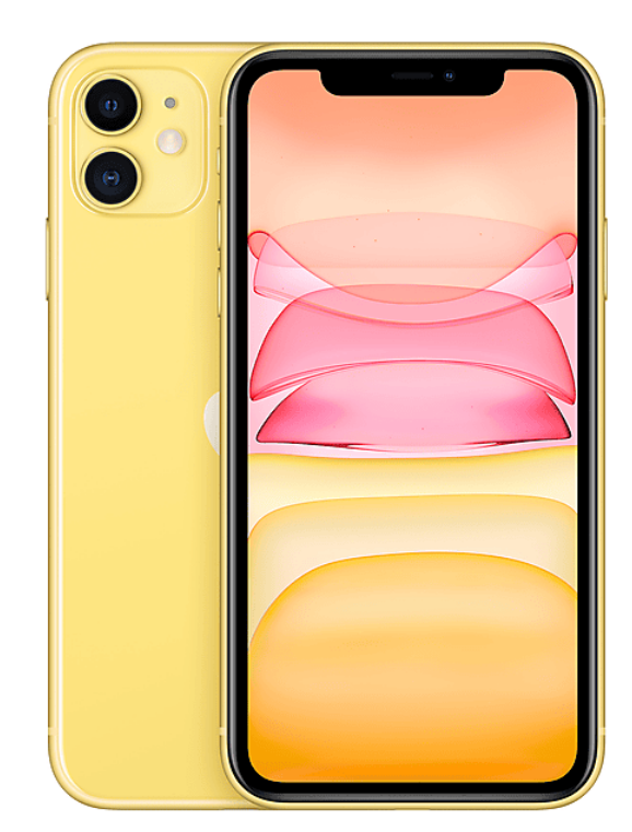 Sarı bir iPhone 11, çift kameralı arkasını ve soyut bir tasarım sergileyen ön ekranını gösteriyor.