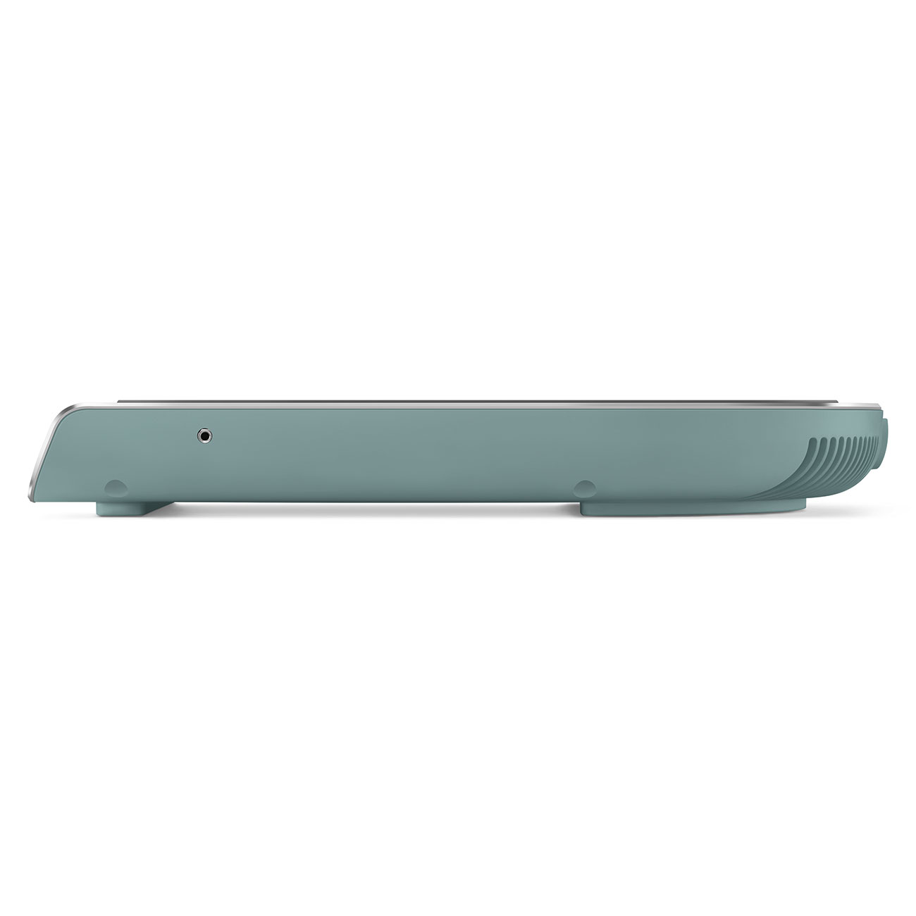 Seitenansicht eines teal-farbenen Geräts vor weißem Hintergrund, das sein schlankes Design zeigt.