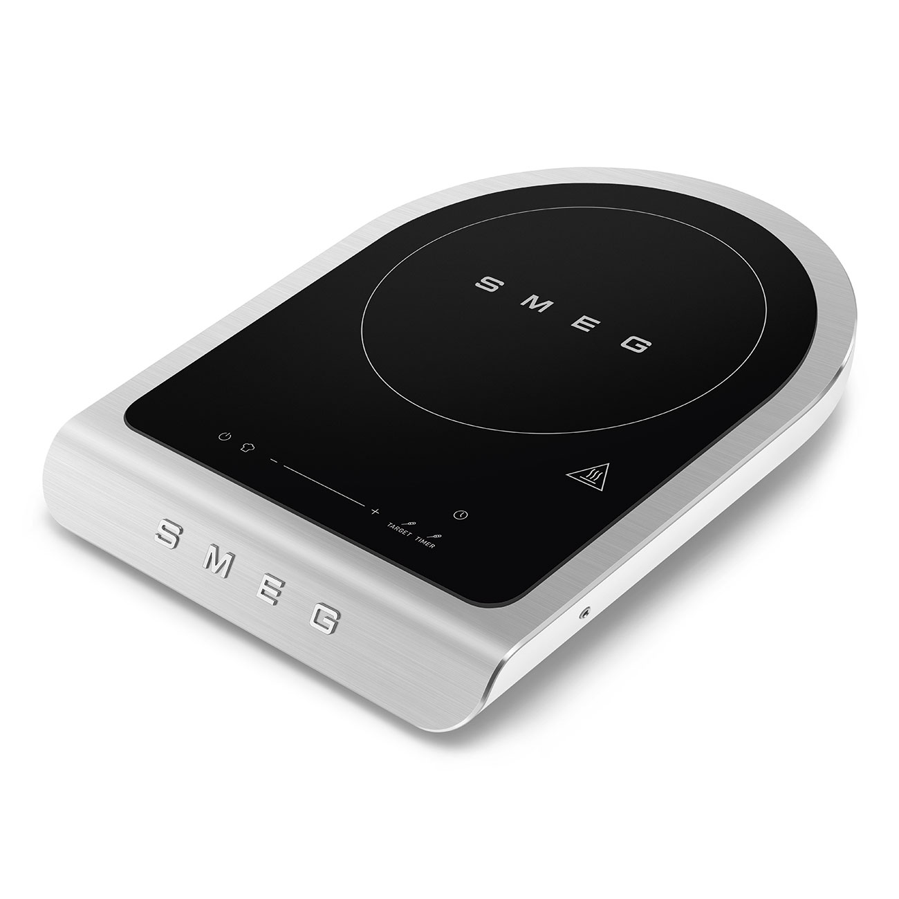 Silbernes SMEG Induktionskochfeld auf weißem Hintergrund.