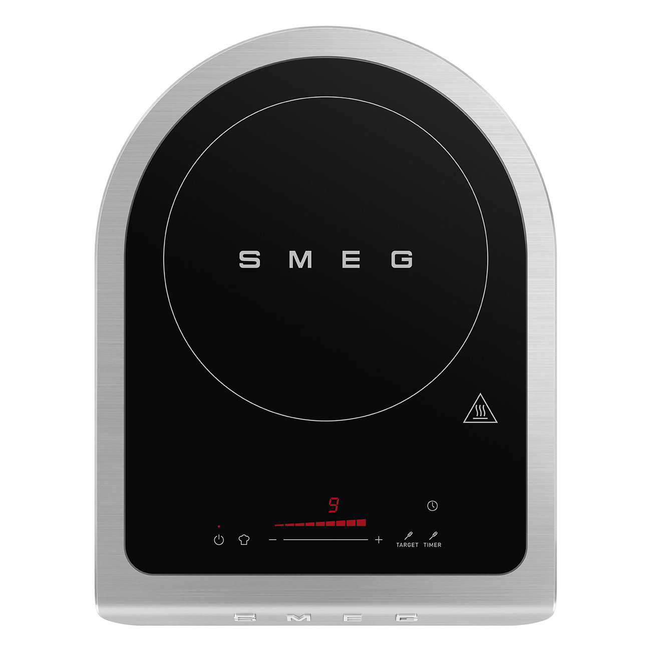 Schwarz-silbernes SMEG Induktionskochfeld mit Digitalanzeige, die die Zahl 9 zeigt.