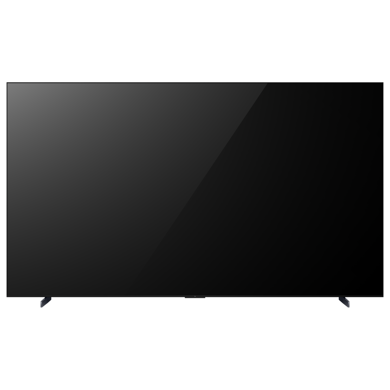 A large, black television screen with a thin frame. It is on a black stand.