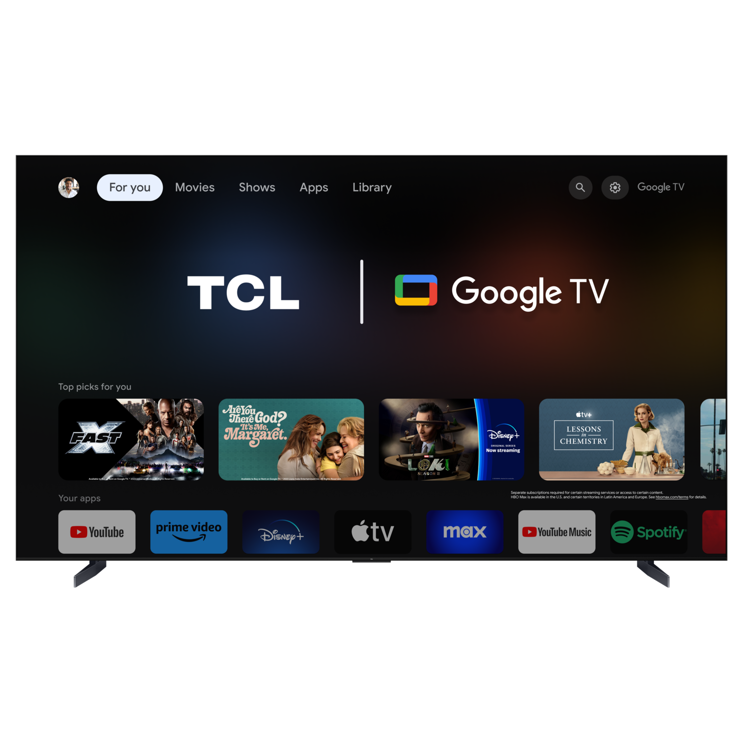 A TCL Google TV screen displaying the Google TV interface with several app icons.