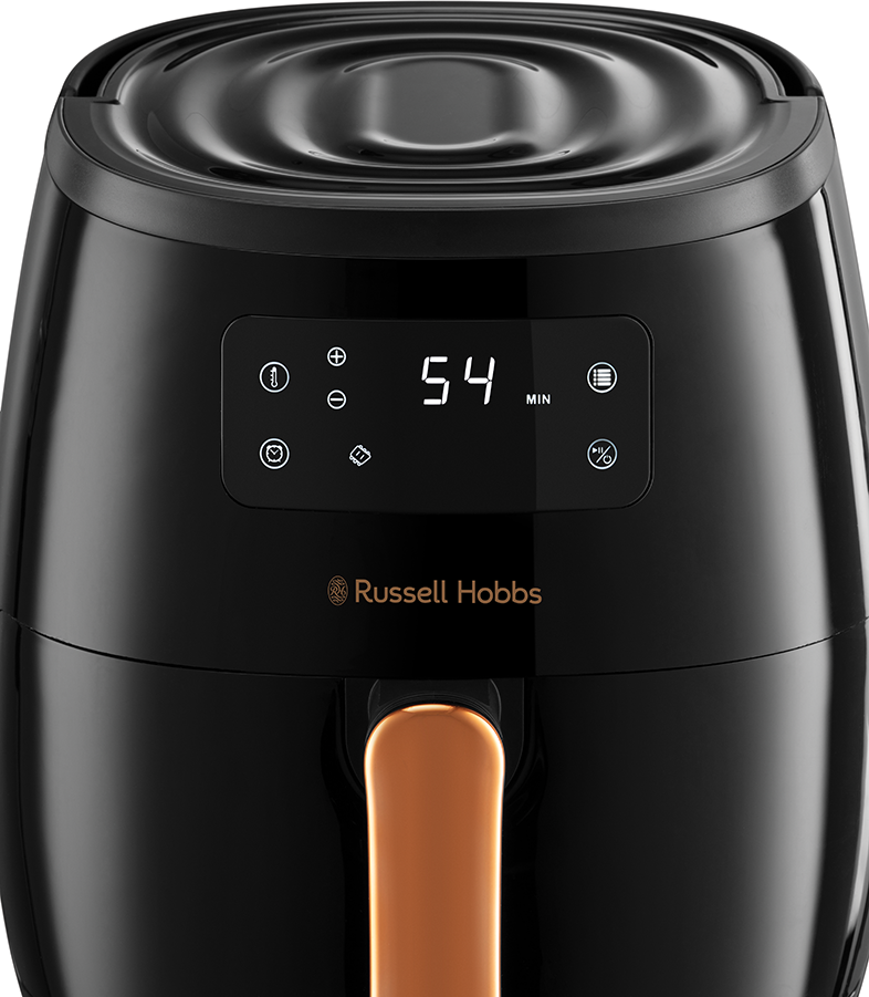 Fekete forrólevegős sütő digitális kijelzővel, amely 54 percet mutat. Russell Hobbs logó elöl.