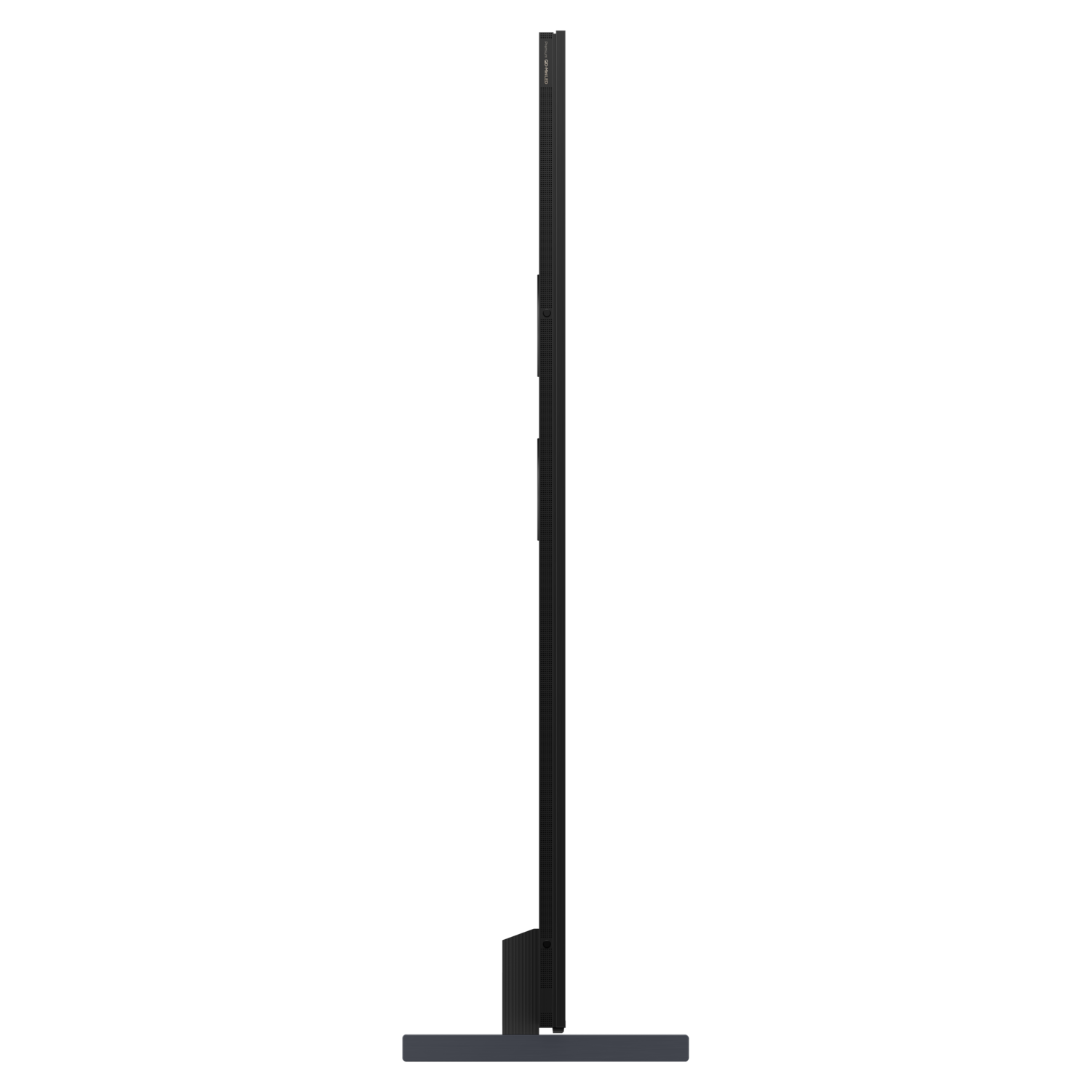 A slim, black TV screen stands upright on a dark surface, viewed from the side.