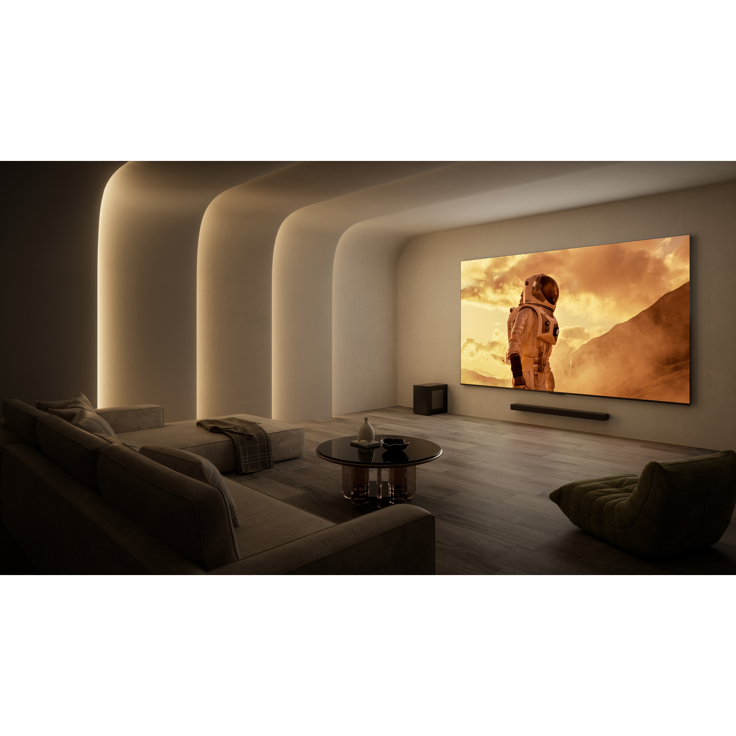 A modern living room with a large TV showing a desert scene. A sofa, a coffee table, and a chair are present.