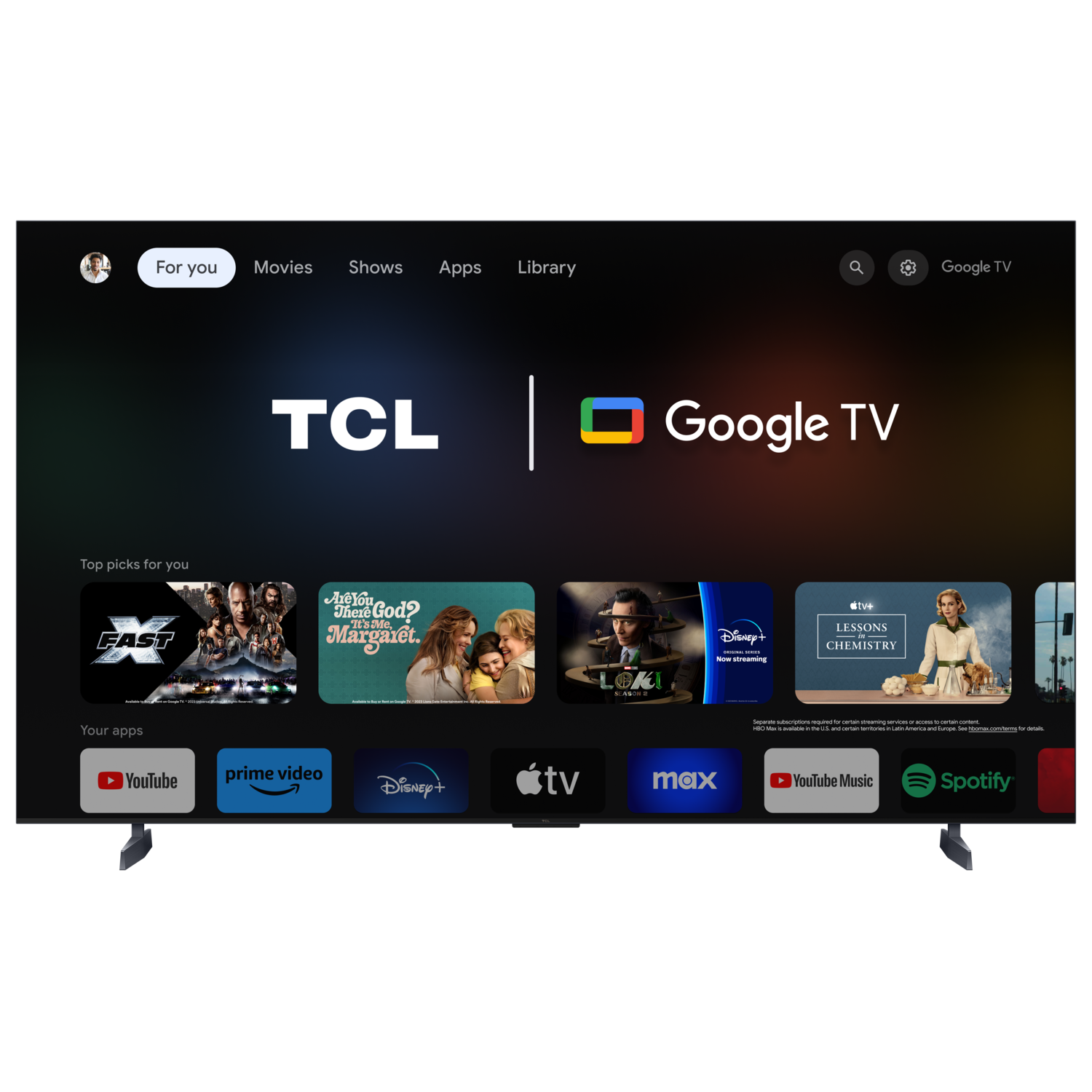 Een TCL Google TV-interface, met streaming-apps en een Google TV-logo.