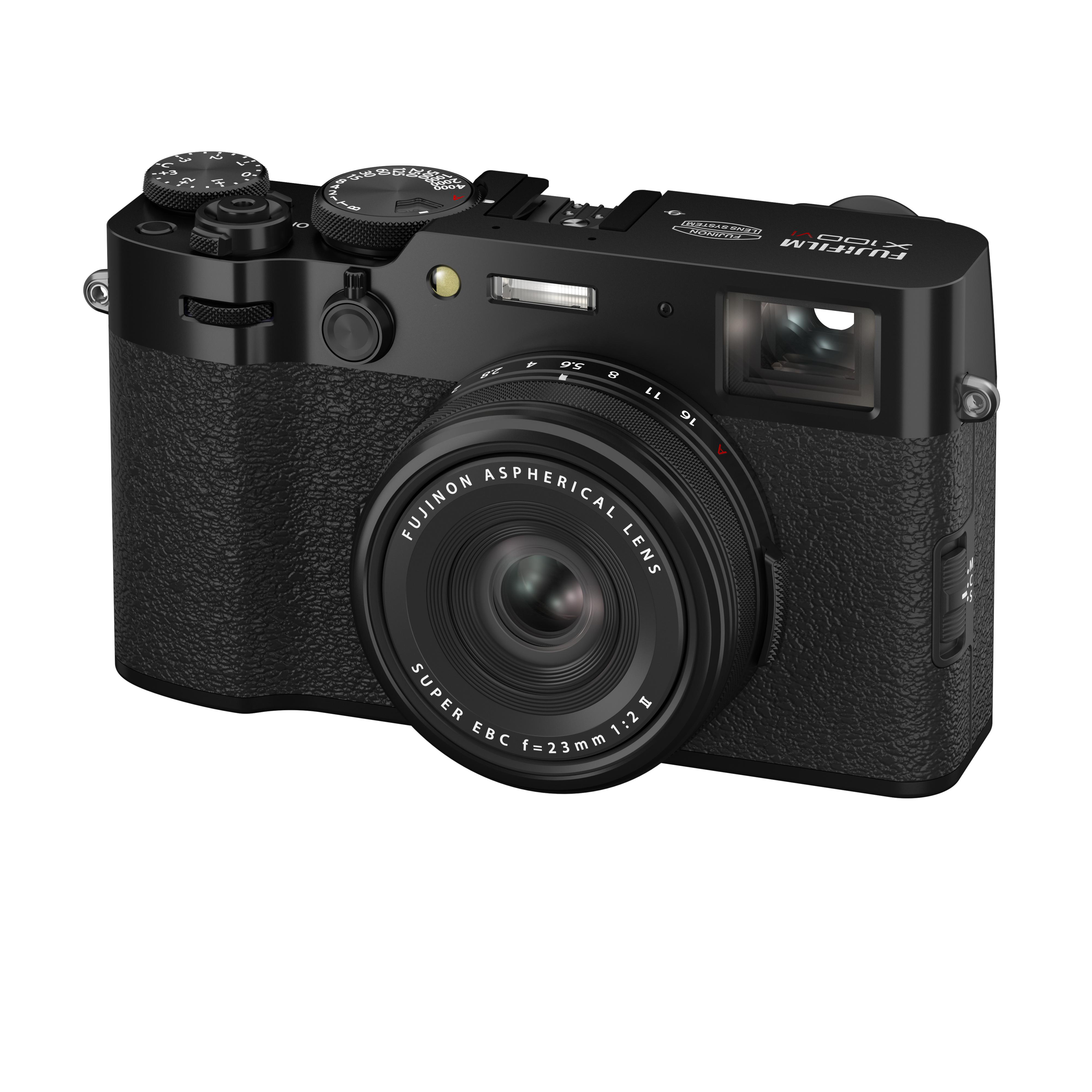 Eine schwarze FUJIFILM X100V Kamera mit Objektiv und verschiedenen Einstellrädern auf weißem Hintergrund.