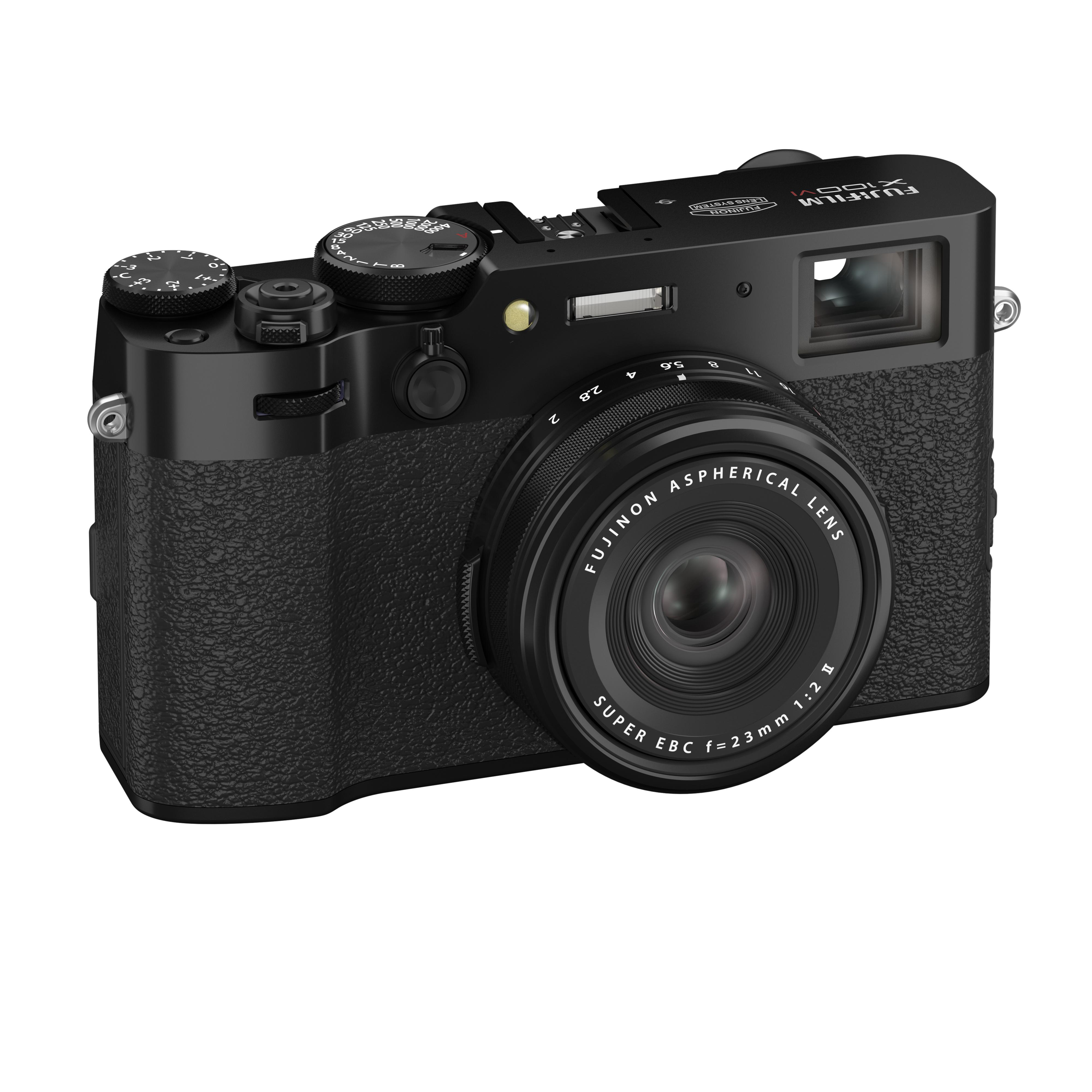 Schwarze Fujifilm X100V Kamera, Winkelansicht. Objektiv und Drehregler sichtbar.
